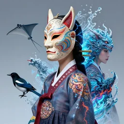 3 d goddess medium shot profile portrait. beautiful intricate highly detailed korean gumiho mask and traditional korean hanbok. stingray, magpie, bio luminescent, plasma, lava, ice, water, wind, creature, artwork by tooth wu and wlop and beeple and greg rutkowski, trending on artstation,