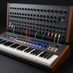a synthesizer in cassette futurism, added modeled around the keyboard, tactile buttons and lights, a large patch bay with hanging colored patch leads, roland, moog, arp by moebius, edward hopper and james gilleard, zdzislaw beksinski, hd, 8 k, artstation, ultra detailed, high definition