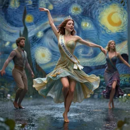 3 d unreal engine octane render of miss of the world dancing in the rain, expressive, passionate, by greg rutkowski, by jeremy mann, by francoise nielly, by van gogh