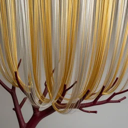 thousands of thin threads of translucent gold and silver rise out of and unravel and twist from a maroon branching structure, hyperrealistic