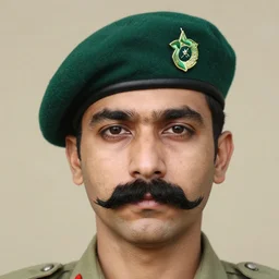 a photograph of a man with thick black mustache, green beret, posing for portrait, eye contact