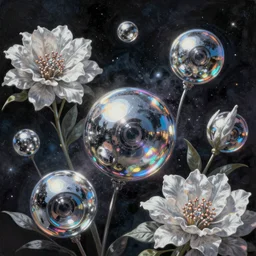 An epic fantastic realism comic book style painting of the most beautiful flowers launched across the dark cosmos, bouquets, perfect shiny iridescent silver spheres, fisheye lens, unreal 5, DAZ, hyperrealistic, octane render, dynamic lighting