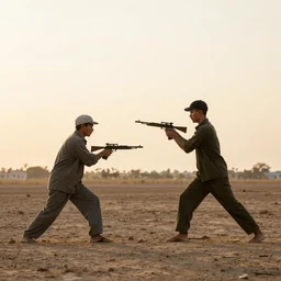 photo of farmers fighting against military, award winning, golden hour