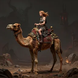 a femboy riding on the back of a camel, concept art by terry oakes, deviantart contest winner, dark fantasy art, daz 3 d, concept art, hellish