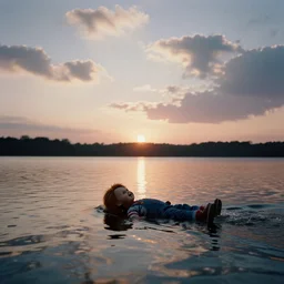 film photography of sunset clouds with a calm lake in the background and a screaming chucky swimming ashore by greg rutkowski cinematic 3 5 mm