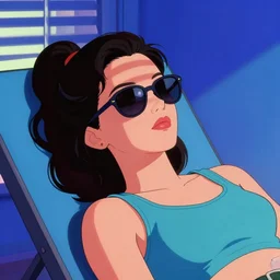 woman is relaxing on a lounge : : wearing sunglasses : : shadow of window blinds falling on her face : : patrick nagel, 8 0 s digital art, clean lines, gradients, 8 0 s aesthetic