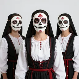 women wearing la muerte mask and sardinian traditional female dress