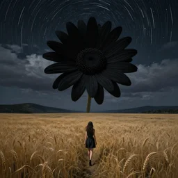 giant black daisy flower as a head, girl walking in wheat field, hills, surreal photography, dark night, star trails, dramatic light, impressionist painting, clouds, digital painting, artstation, simon stalenhag