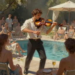 epic matte painting of a violinist performing for guest at a pool party, in the style of george gross and mark arian, digital painting, ornately detailed, muted colors, cinematic lighting