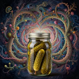a glass mason jar full of hundreds of pickles, trippy, wtf, infinitely detailed kaleidoscope vines swirling up from an infinite cosmic vortex, multi colored, intricate, elegant, sharp focus, digital artwork, highly detailed, digital painting, concept art, matte, art by ivan shishkin and andrey shishkin and andreas rocha and anato finnstark, masterpiece