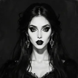 digital art painting portrait of elegant gothic lady with earrings, black and white, block colours, hard edges, high quality, textured, by caestrad, cell shading, dark background, mystic, goddess, perfect lighting, high contrast, arstation, artgerm, wlop, 4 k