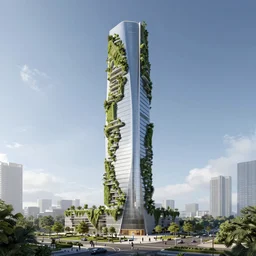 an architecture concept art of an eco skinny skyscraper, vegetal walls, parcs in the front, city in the background, blue sky, 4 k, high quality, artstation