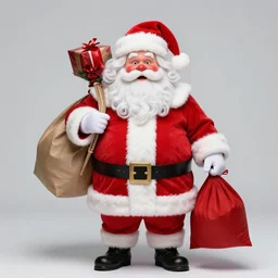 a full body shot of an obese, jolly man with extremely pale skin, rosy red cheeks, and a big, white beard wearing a red suit with white fur lining, and a red hat with a white pom pom on top. he should also be holding a big bag of presents.