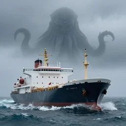 photo of a big ship on a stormy ocean, cthulhu's silhouette in the back hidden in the fog, coming closer