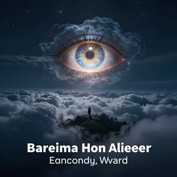 fantasy landscape with clouds at night with a floating glowing eye