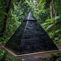 old photo of black pyramid in a jungle, green tint