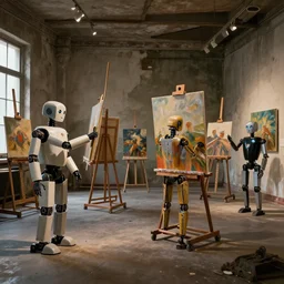 robots! painting on canvases in a decrepit art gallery, dramatic lighting