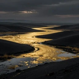 a big swamp between black sand hills,inspired by Japanese landscape ,hint of gold ,dark,atmospheric,dusk,photo real,ultra realistic, concept art, hdri, 4k -