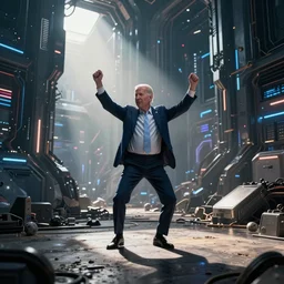 biden dancing, heroic shot, post apocalyptic, cyber - punk, wide shot