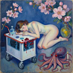acrylic and spray paint and oilstick on canvas, portrait of a female art student falling asleep, scientific research, crashcart, x - ray, sensual, blossom, squashed berries dripping, octopus, candlelight, neo - impressionist, surrealism