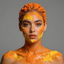 clean portrait of beautiful dominican woman with flesh made of bright orange and yellow magma and fire with dark turquoise hair with black roots, eyes made of fire, prominent brow, silver frame glasses, flatchested, galaxy outfit, confetti in the sky on a hexagon shape, art by j scott campbell, vfx, sharp details