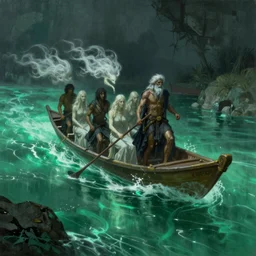 high quality, realistic fantasy painting of Charon ferrying souls over luminescent green River Styx
