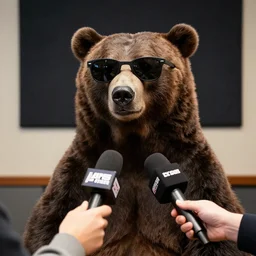 photo of a cool bear wearing sunglasses being interviewed on the radio. the background is a dark carpet hanging on the wall.
