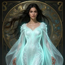 medium shot portrait, maya ali, wind sorcerer, gloomhaven, luminescent, fantasy robes, intricate, elegant, highly detailed, luminescent, octane render aesthetic, matte painting concept art, sharp focus, illustration, art by lawren harris and a. j. casson, artgerm and greg rutkowski and alphonse mucha