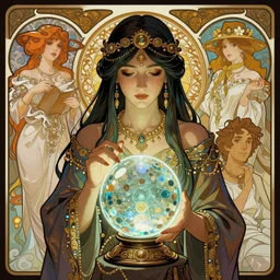 a mystical digital illustration of a fortune - teller gypsy with a crystal ball in her hand by rossdraws, moebius, frank franzzeta, alphonse mucha, mcbess, sakimichan