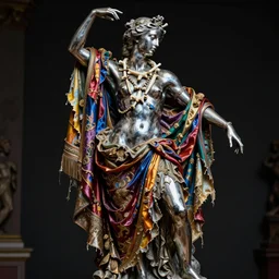 oxidated chrome statue of matte beautiful vibrant circus dancer, sculpture with satin polished intricated surface, brush paint effect, dressed with an old colorful torn fancy silk cloak, using bone necklace, made by antonio corradini, and dug stanat macabre art, dark surrealism, epic and cinematic view, volummetric light, texturized, detailed, renaissance, 8 k