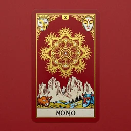 dark red paper with intricate designs,tarot card ,a mandelbulb fractal dolomites and hay monsters, tyrolean folklore masks,full of golden layers, flowers, cloud, vines, mushrooms, swirles, curves, wave,by Hokusai and Mike Mignola, trending on artstation,elaborate dark red ink illustration