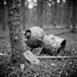 soviet satellite wreckage in the wood by Andrei Tarkovsky, pinhole camera effect, lomography effect, analogue photo quality, monochrome, blur, unfocus