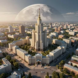an Eastern European Soviet blocky garden capitol city on the moon bird’s eye view, sunrise, long shadows, trending on Unreal Engine 5, photorealistic, stunning, award winning photo