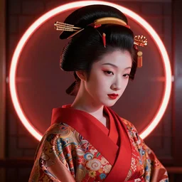 early 1 9 0 0 s maiko, fluent composition, red and white neon, concept art, ambient light, 4 k, intricate details, highly professionally detailed, cgsociety, highly detailed -