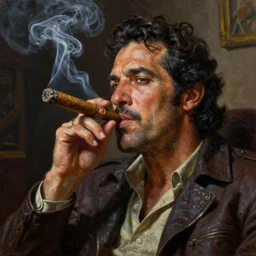 an oil painting of uncle joey diaz smoking a cuban cigar, ultra realistic, highly detailed, masterpiece, cinematic by greg rutkowski, frank frazetta, beeple, christian macnevin, beeple, wlop, krenz cushart, epic fantasy character art, volumetric lighting, cgsociety