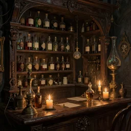 a matte painting gothic curiosity shop with bottles of potions and flickering candles on the counter by greg rutkowski