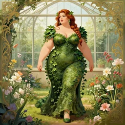 a stunning vector portrait of a thicc and voluptuous yennefer of vengerberg dressed as a beautiful poison ivy with hair tied in a braid walking through a flowering garden, greenhouse in the background, intricate, elegant, highly detailed, digital painting, artstation, concept art, ultra sharp focus, illustration, art by jugendstil and greg rutkowski and alphonse mucha