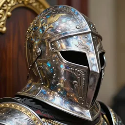 hyper realistic photography of a translucent glorious obsidian metal carved medieval armor steel helmet, close - up, wood and gold details, intricate, extremely detailed, ornate, deep of field, nikon photography