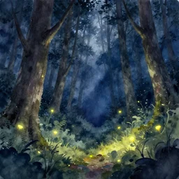 firefly forest at night, high quality watercolors, award winning, trending on artstation