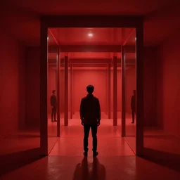 dark matter red art house future alone man going limbo hipper cubes reflection in the mirror many room schizophrenia and stratification of consciousness mind man full HD 8K resolution