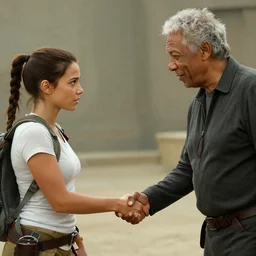 morgan freeman shaking hands with lara croft
