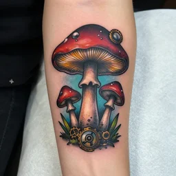 magic mushrooms acid, lsd, steampunk eery tattoo, one color,