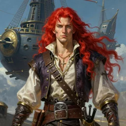 epic fantasy portrait painting of a long haired, red headed male sky - pirate in front of an airship in the style of the gundam
