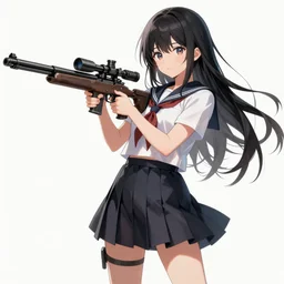 anime, full body, cute, gun, female, a pretty girl wearing a school uniform and holding a sniper rifle, highly intricate, light and shadow effects, intricate, highly detailed, digital painting, art station, smooth, sharp focus, illustration, concept art, advanced digital anime art