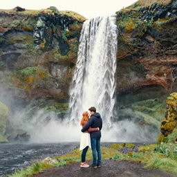a realistic watercolor painting of a couple in love by Skógafoss