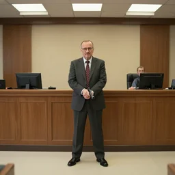 saul goodman holding a handgun inside a courtroom, wide shot