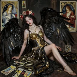beautiful young woman, occult, tarot, flower crown, fallen angel, pearls, chains, serpent, gilded, leather, bismuth, style mix of peter chung, shepard fairey, botticelli, vatican, pre - raphaelites, shoujo manga, dramatic dark atmosphere, oil slick, superfine inklines, ethereal, 4 k photorealistic