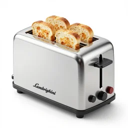 a lamborghini brand toaster with bread in slots in a variety of color options, aggressive angular design, professional studio product shot for a magazine with words, photograph