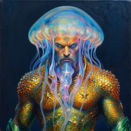 intricate five star portrait of aquaman as a jellyfish man, oil on canvas, hdr, high detail, photo realistic, hyperrealism, matte finish, high contrast, 3 d depth, centered, masterpiece, vivid and vibrant colors, enhanced light effect, enhanced eye detail, artstationhd