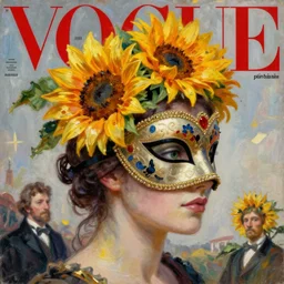 masquerade ball mask, vogue magazine, elle magazine, greg rutkowski, john singer sargent, trending on artstation, anime, oil painting, sunflower tiara, side profile portrait, looking right, intricate
